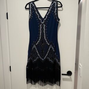 Navy and Black Flapper Fringe Dress
